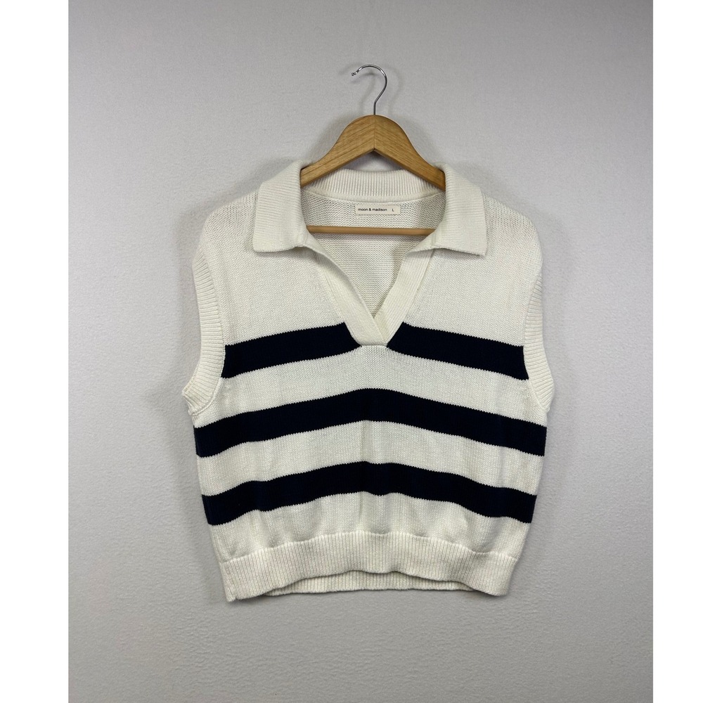 Preppy Nautical Moon & Madison Womens Large White Navy Striped Polo Sweater Vest